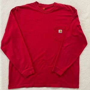 Carhartt Mens Shirt XL Bright Red Logo Patch Pocket Long Sleeve Tee Original Fit